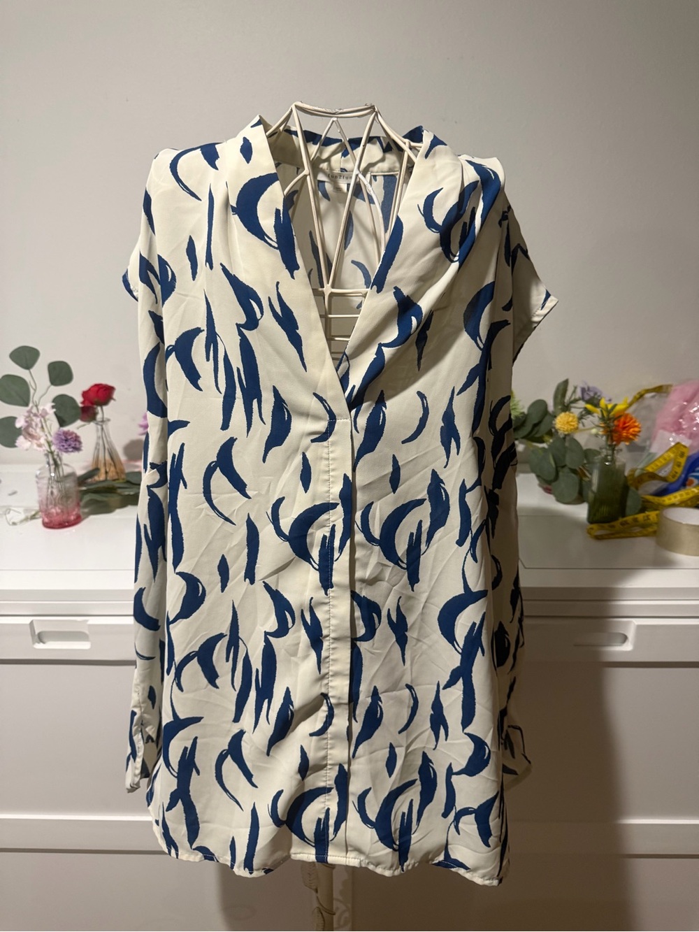 fun 2 fun Cream Blouse with Navy Abstract Print